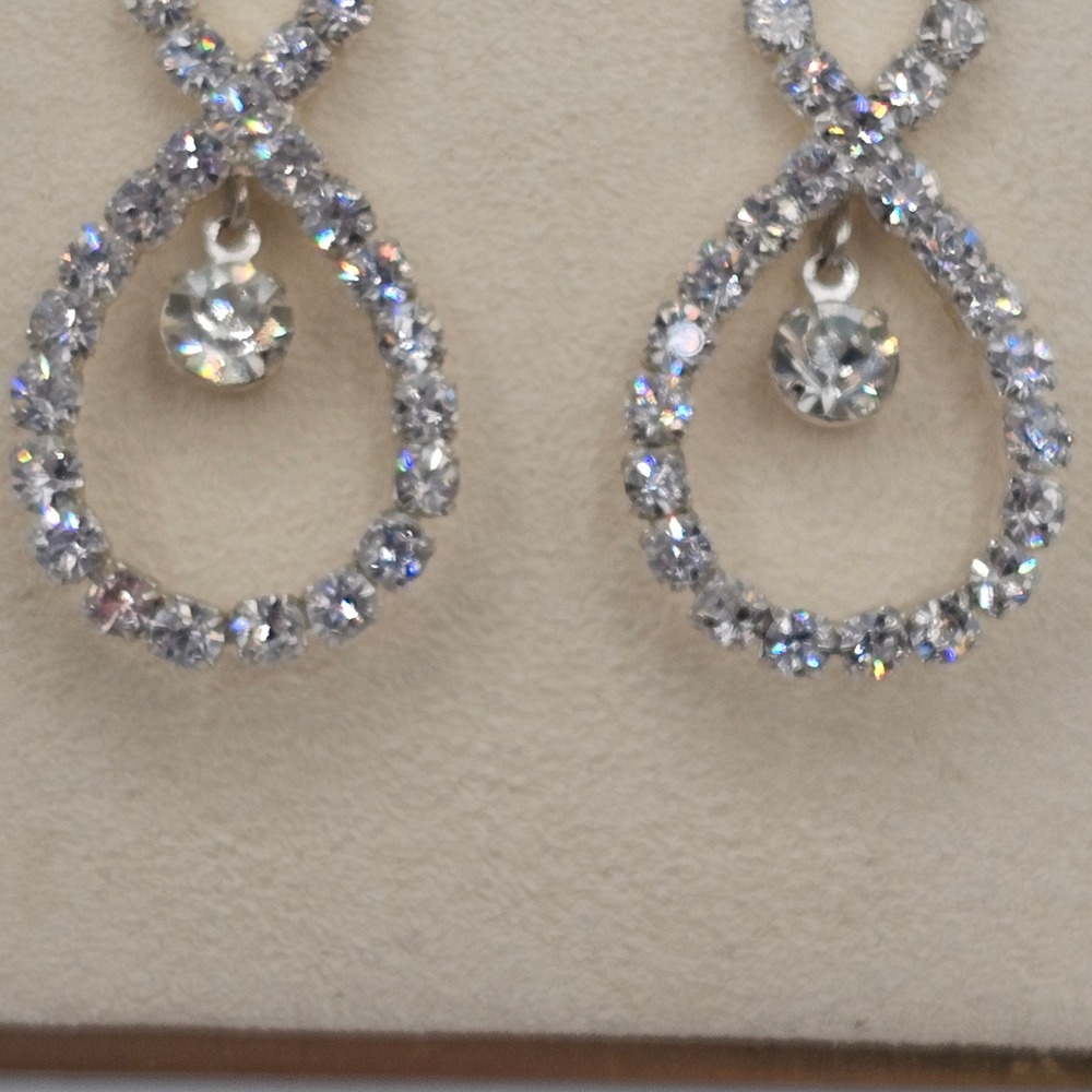 Y2K Clear Crystal Rhinestone Double Teardrop Drop Earrings Formal Bridal Sparkle - Picture 13 of 15